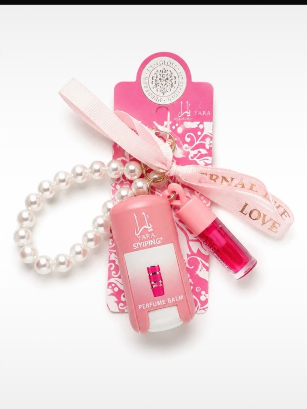 Ara Pink Perfume Balm Keychain with Pearl Bracelet and Mini Rollerball